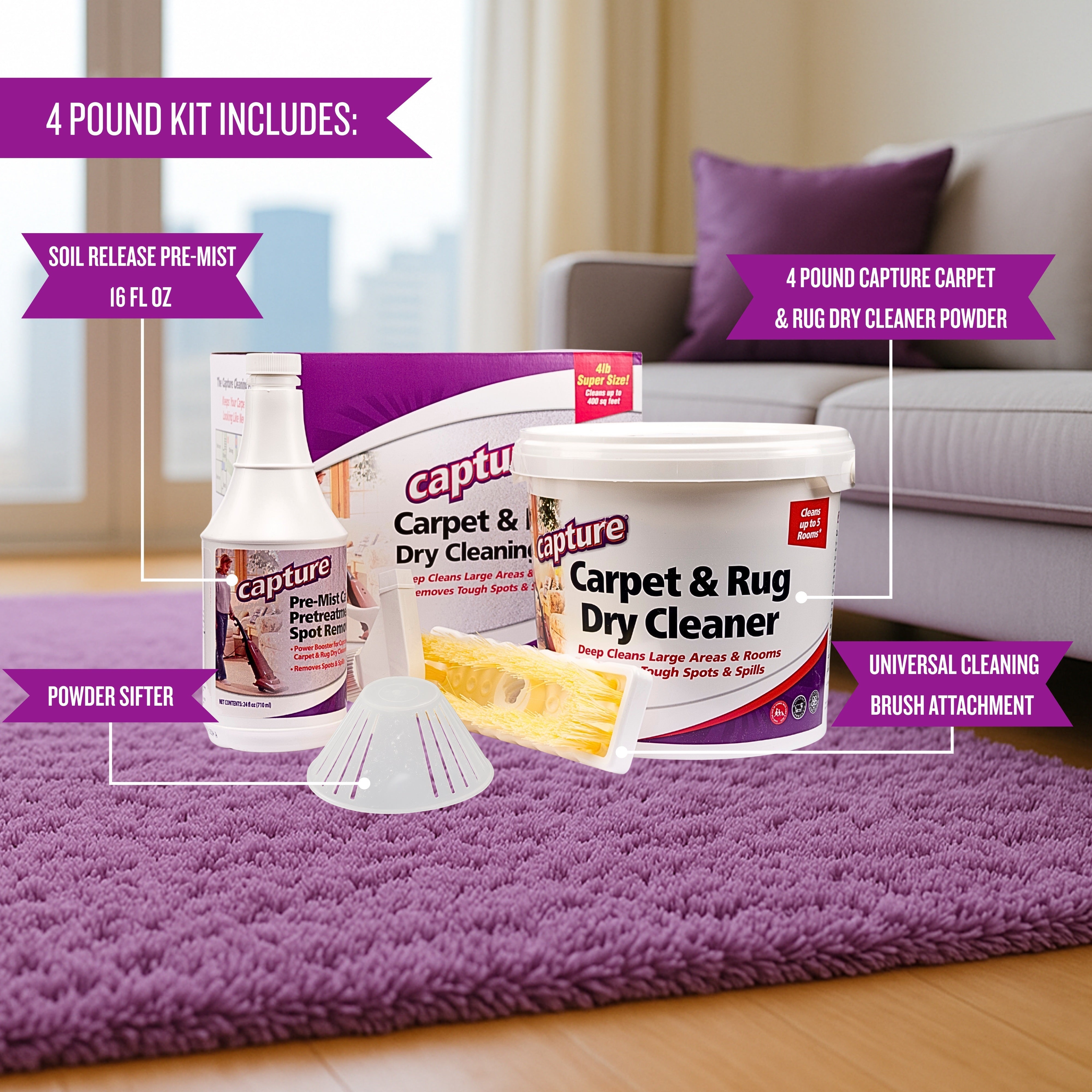 Capture 4 Pound Carpet and Rug Cleaning kit item break down, 4 pound pail, powder sifter, 16oz pre mist, disposable brush 