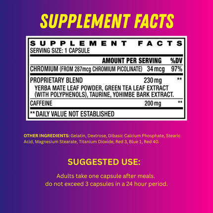 Supplement facts label with a purple and pink gradient background