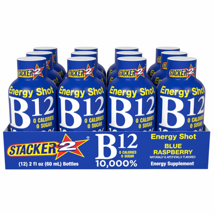 Box of Stacker2 Energy Shot B12 Blue Raspberry flavor on a white background