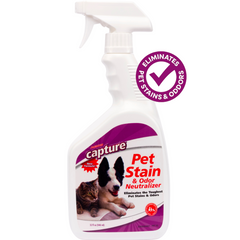 Pet stain and odor neutralizer spray bottle with a white background and "Eliminates pet stains & Odors" badge 