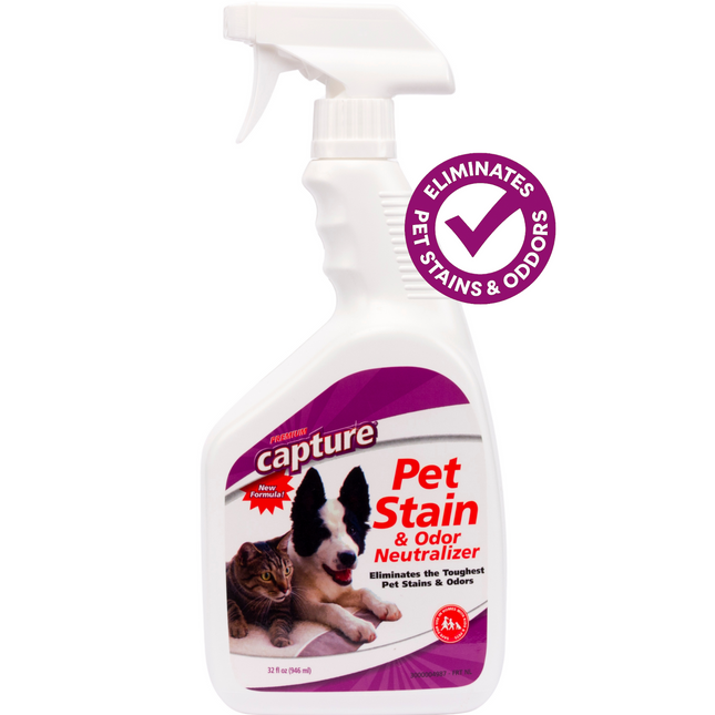 Pet stain and odor neutralizer spray bottle with a white background and "Eliminates pet stains & Odors" badge 