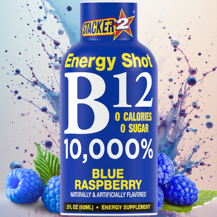 Stacker 2 Energy Shot B12 bottle with blue raspberry flavor on a colorful background