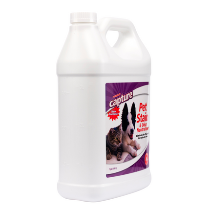 White bottle of 'Capture' pet stain remover  1 Gallon, with a label featuring images of a cat and a dog on a white background.
