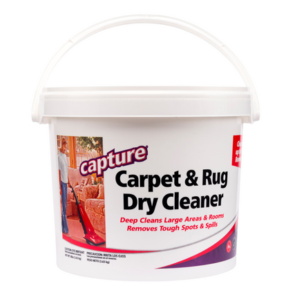 White container of the Capture Carpet & Rug Dry Cleaner powder 8 pound pail, on a white background, carpet cleaning solution