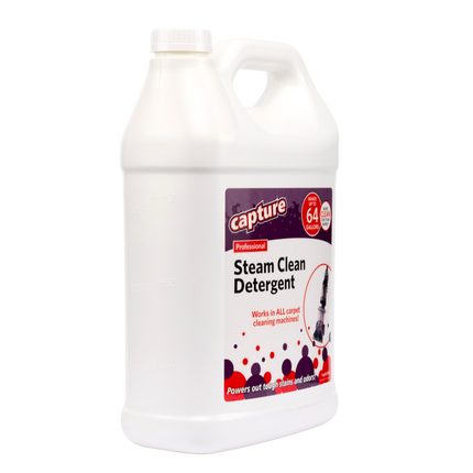 White bottle of 'Capture' steam clean detergent on a white background