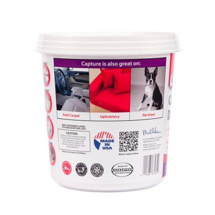 Capture carpet and run cleaner powder 2.5 pound pail, Container with a label showing images of pet areas and text about its uses. "Made in the USA" Label 