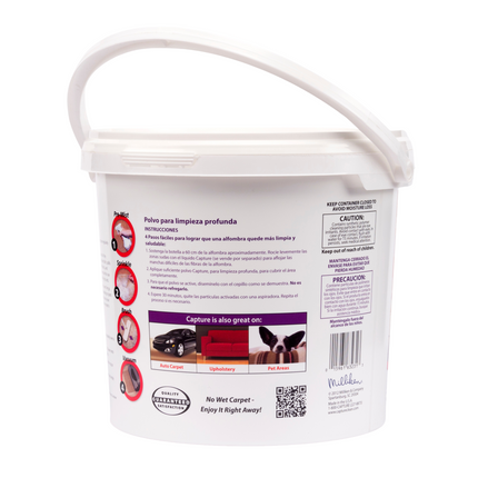 Capture Carpet and rug cleaner powder 4 pound pail, White cleaning product container with labels and a handle on a white background