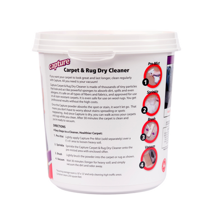 Capture Carpet & Rug Dry Cleaner powder 2.5 pound pail with instructions on a white background. 
