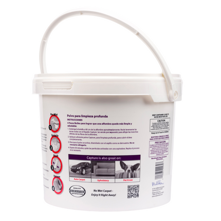 Capture 8 pound carpet and rug cleaner powder pail, White cleaning product bucket with label on a white background