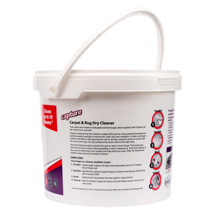 White bucket with handle labeled Capture Carpet & Rug Dry Cleaner powder 8 pound pail, on a white background