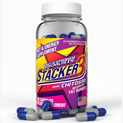 Supplement bottle labeled 'Stacker 3' with colorful label on a white background