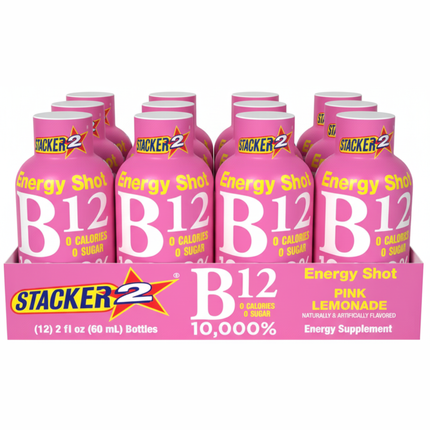 Display of Stacker 2 B12 Energy Shot Pink Lemonade bottles on a white background