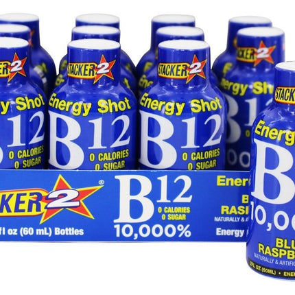 Stacker 2 Energy Shot B12 Blue Raspberry bottles with packaging on a white background