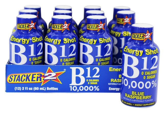 Stacker 2 Energy Shot B12 Blue Raspberry bottles with packaging on a white background