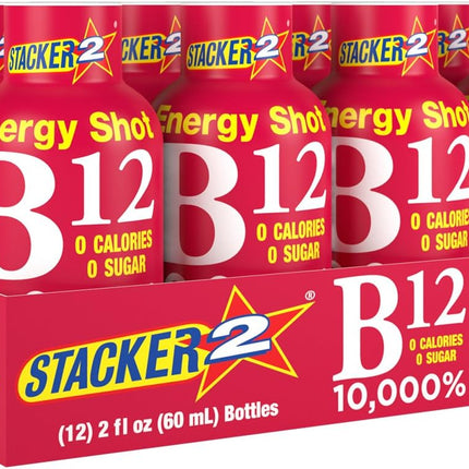 Stacker 2 B12 Energy Shots, Acai Pomegranate, 12‑Pack, 2 oz Bottles, High-Potency Vitamin B12 Energy Boost, Sugar-Free & Zero Calories