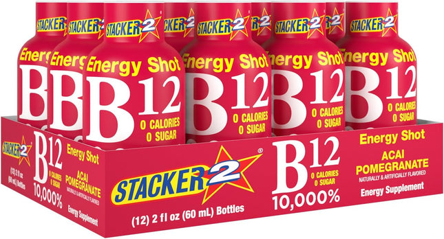 Stacker 2 B12 Energy Shots, Acai Pomegranate, 12‑Pack, 2 oz Bottles, High-Potency Vitamin B12 Energy Boost, Sugar-Free & Zero Calories