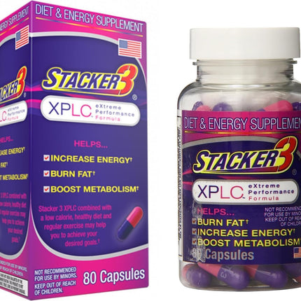 Stacker 3 XPLC diet and energy supplement packaging and bottle on a white background