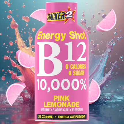 Pink energy shot bottle labeled 'Stacker2' with B12 and pink lemonade flavor on a colorful background.