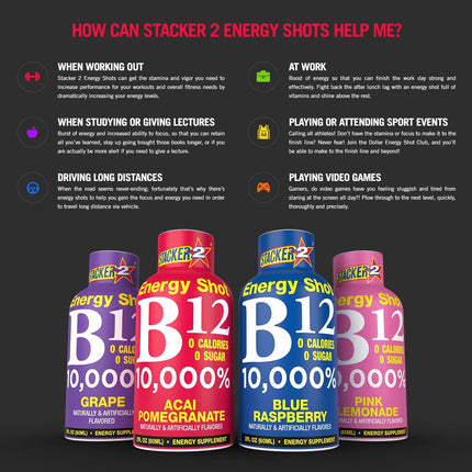 Stacker 2 B12 Energy Shots, Acai Pomegranate, 12‑Pack, 2 oz Bottles, High-Potency Vitamin B12 Energy Boost, Sugar-Free & Zero Calories