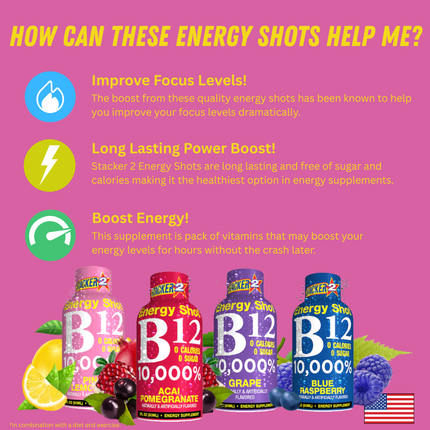 Promotional graphic for energy shots with product images and benefits on a pink background