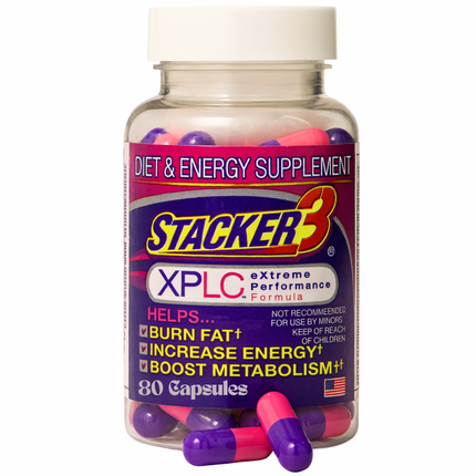 Stacker 3 XPLC diet and energy supplement bottle with purple and pink capsules on a white background