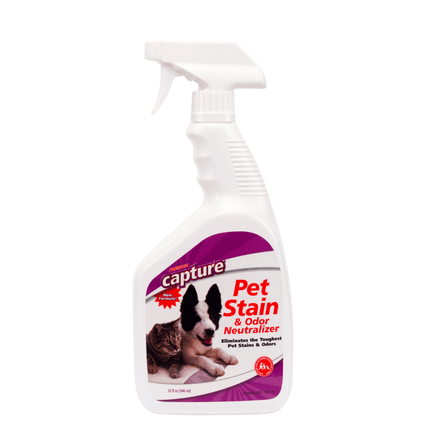 A white spray bottle labeled 'Capture Pet Stain & Odor Neutralizer' with a picture of a white cat and a dog beside it.