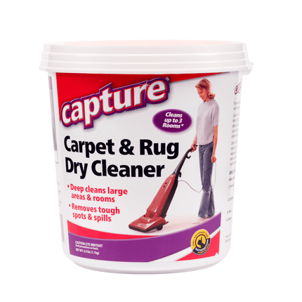 A white container of Capture Carpet Dry Cleaner Powder 2.5 pound pail, with a red and purple label, featuring an image of the product being used on a carpet with a vacuum cleaner. Capture 2.5 pound carpet cleaning solution. 