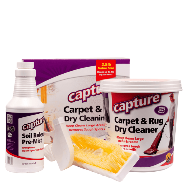 The image shows a Capture Carpet Total Care Kit which includes a pail of carpet dry cleaning powder, a soil release pre-mist bottle, and a carpet brush.