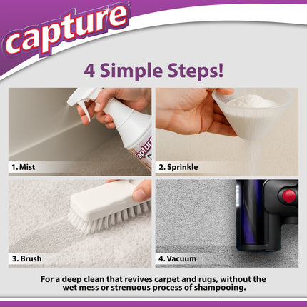 Step-by-step guide for using Capture carpet cleaning product with text and images of cleaning actions.