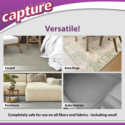 Advertisement for 'capture' product showing its versatility on carpet, area rugs, furniture, and auto interior.