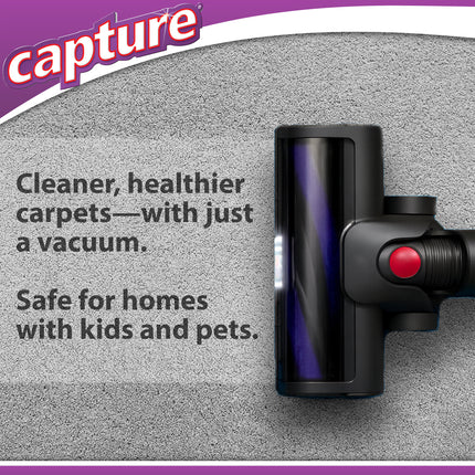 Vacuum cleaner head on a carpet with 'capture' branding and text about cleaning carpets.