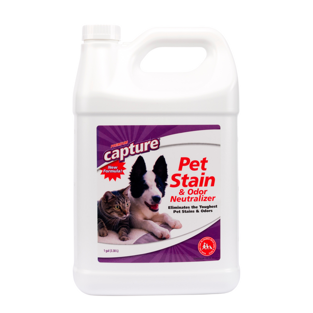 A white bottle of Capture Pet Stain & Odor Neutralizer 1 Gallon, with a label featuring images of a dog and a cat. The product is designed to tackle pet stains and odors, indicating it is for use on various surfaces like carpets, wood, and upholstery.