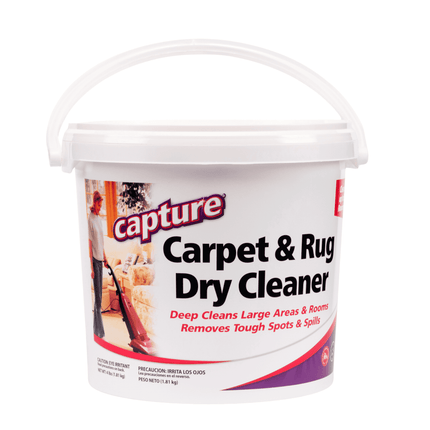 A white container labeled 'capture Carpet & Rug Dry Cleaner 4 pound pail', indicating it is a powder for cleaning carpets and rugs.