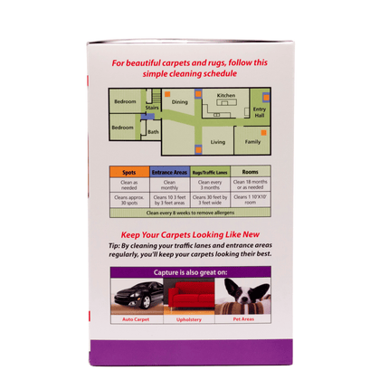 Capture carpet cleaning, 1 pound carpet cleaning kit, Cleaning schedule guide for carpets and rugs with a map and cleaning tips on a white background.