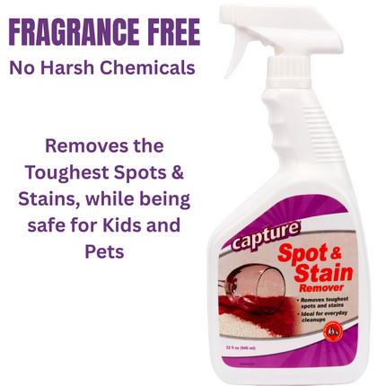 Spray bottle of 'Capture' spot and stain remover spray with text highlighting fragrance-free and chemical-free properties.