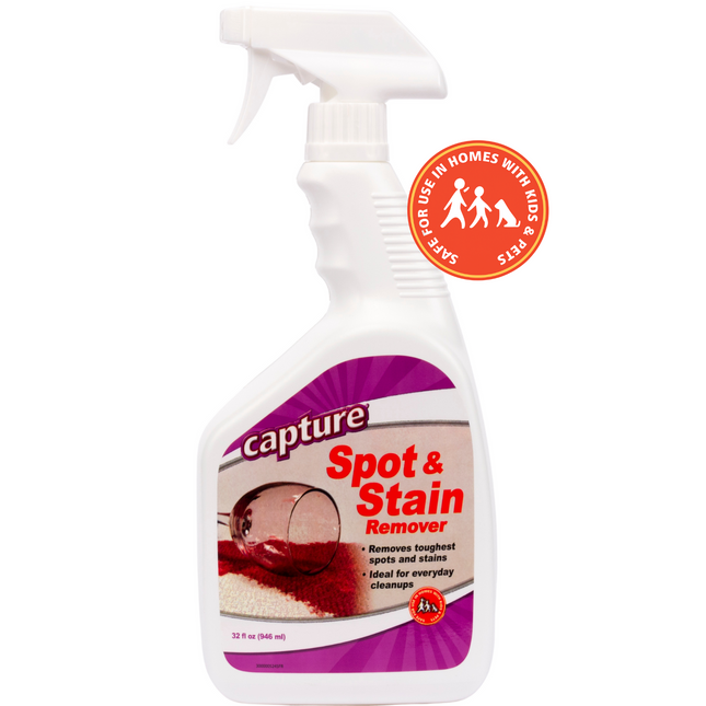 Capture Spot & Stain Remover 32 fluid Ounces, Spray bottle of Capture Spot & Stain Remover on a white background "Safe for use in homes with kids and pets" Badge