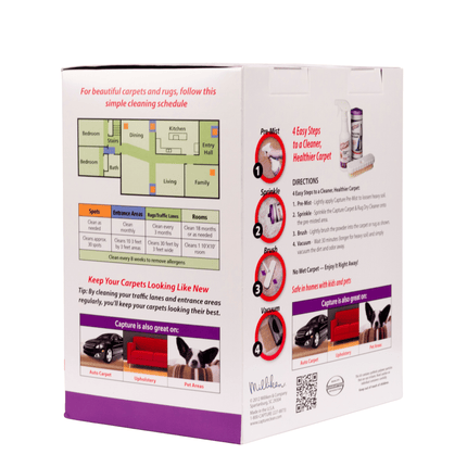 Product packaging with carpet and run cleaning schedule and instructions on a white background 