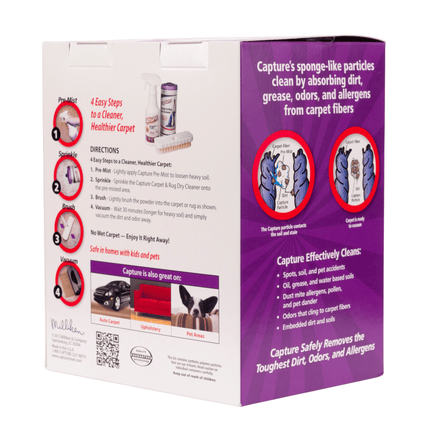 Product packaging with purple and white design, featuring text and images of a carpet cleaning kit 1 pound - 1lbs