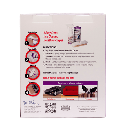 Product packaging with cleaning instructions and images of a car, sofa, and dog on a white background