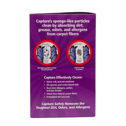 Purple product packaging with text and images of a carpet filter on a white background
