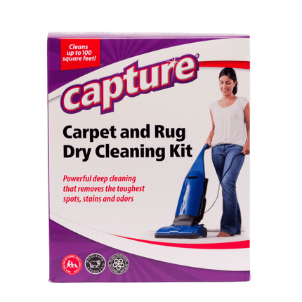 Capture Carpet and Rug Dry Cleaning Kit packaging with a woman using a vacuum cleaner on a white background. 1lbs kit 1lb kit, 1 Lb kit, 1 pound kit. 