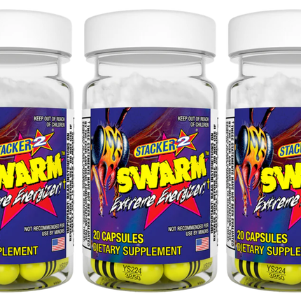 Stacker 2 Yellow Swarm Extreme Energizer Capsules, 20 Ct Bottle, Ephedra-Free High-Potency Energy & Metabolism Support, Pack of 3, 60 Pills Total