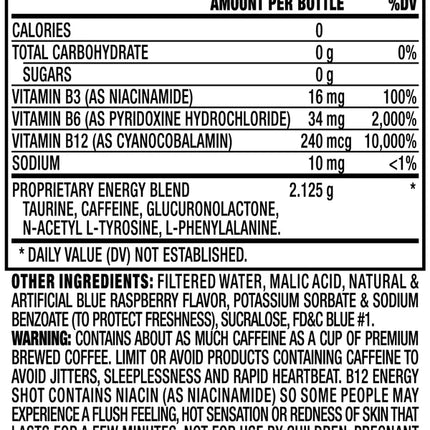 Nutritional label for a supplement bottle with serving size, calories, and ingredient list.