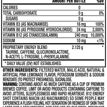 Supplement facts label for a B12 energy shot with nutritional information and ingredients.