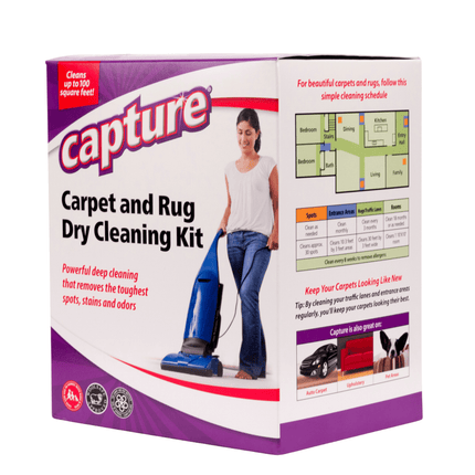 Capture Carpet and Rug Dry Cleaning Kit 1lb packaging with a woman using a vacuum cleaner on a white background